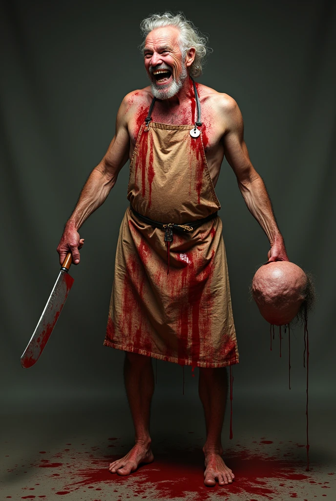 70 year old man, laughing, naked with an apron full of blood and a machete in his hand and a head in the other hand.