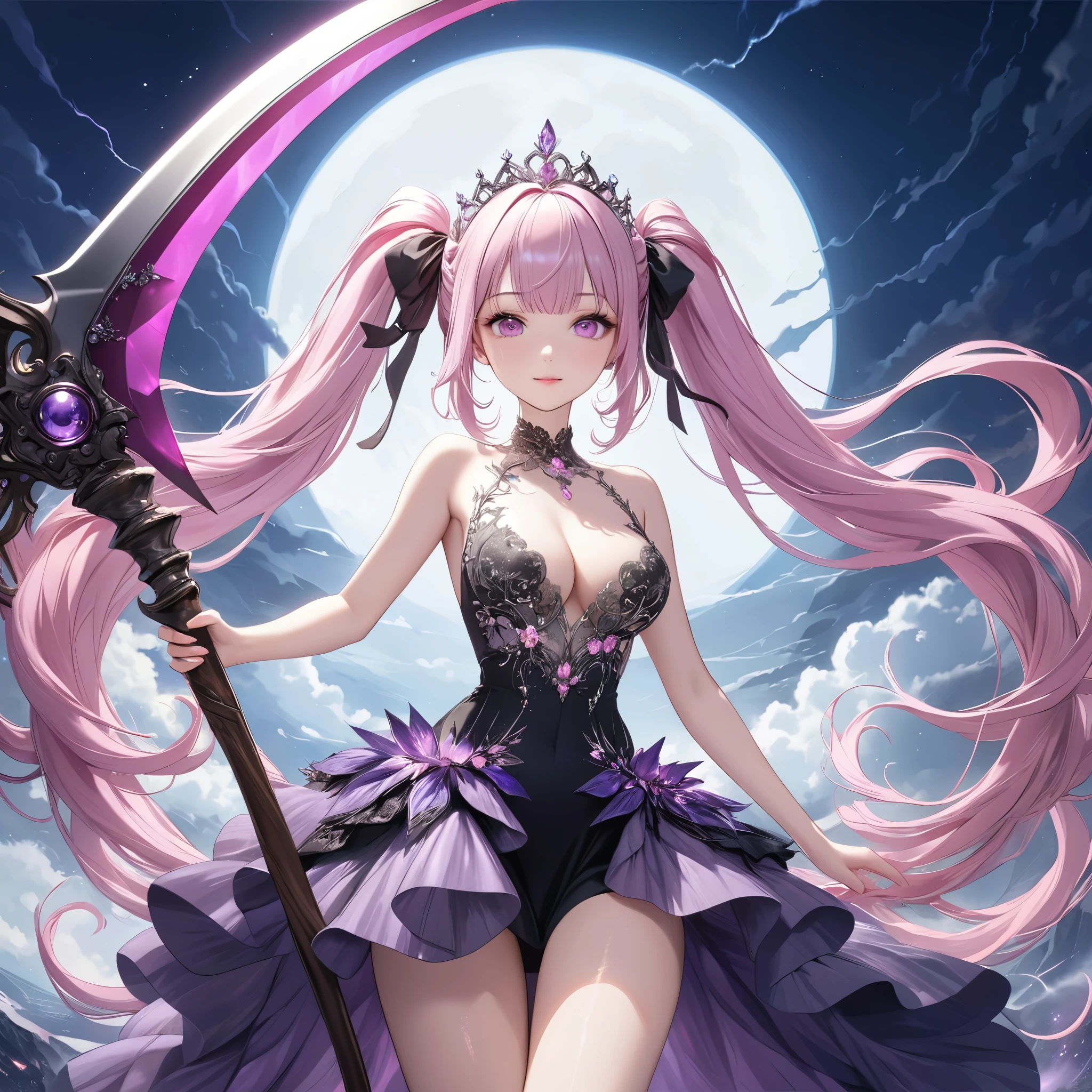 (8k, masutepiece, Highest Quality, Best Quality, Official art, Breathtaking beauty and aesthetics, A highly detailed, The best masterpiece in history that exceeds limits, Breathtaking and beautiful lighting:1.2), (1 Girl, solo), (sixteen years old), (beautiful detailed face), (shiny white skin), (Beautiful big bust, cleavage:1.2), (thighs), (beautiful detailed pink twin tails hair, bangs:1.3), (beautiful detailed drooping pink eyes:1.5), BREAK, (Beautiful detailed fantastic black dresses, black See-through intricate lace, black ribbon, silver thread), (Beautiful Luxurious Diamonds Tiara), (mysterious smile), (dynamic cut, Attractive, Look at the camera, cute pose), breathtaking scenery, BREAK, (ultra detailed beautiful purple thunder, night sky:1.2), (Beautiful detailed fantastic mysterious big purple scythe, Sharp blade:1.3),