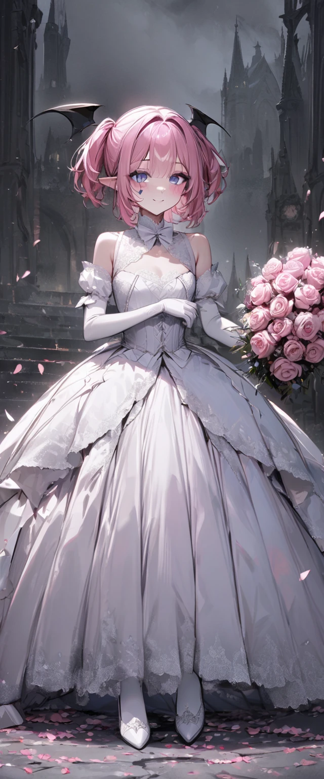 UHD, masterpiece, best quality, extremely detailed, anatomically correct, sharp focus, Midnight, gloomy atmosphere, Church, altar isle, 1girl, solo, camilavtuber, pink hair, short hair, shoulder length hair, (Black head wings), (twin ponytail), PURPLE EYES, PURPLEIRIS, facial mark, smiling, ballgown wedding dress, white arm sleeves, slim arms, white gloves, holding red bouquet of flowers, small chest, single devil wing, single wing, slim legs, white lace stockings, (white high heels), (full body) , (close-up), innocent pose, eye-level shot, front view, innocent pose, scattered pink petals