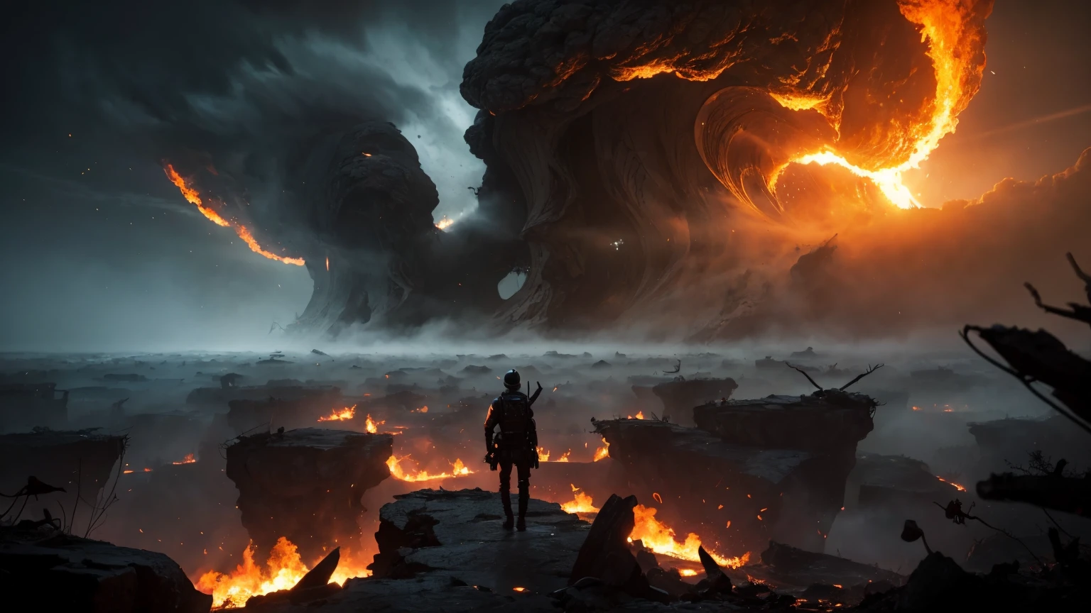 Create a dramatic and cinematic scene depicting a catastrophic event where a star falls from the sky and unlocks a bottomless abyss. A massive cloud of smoke emerges, blocking the sun and darkening the air, casting everything into a shadowy gloom. In the foreground, chaotic scenes unfold as people panic, realizing this is not just a temporary weather phenomenon but a catastrophic event. Amidst this chaos, terrifying demon-like locusts emerge from the abyss. These locusts are surreal in appearance, resembling armored horses with golden crowns and human-like faces, their hair flowing like that of women, and teeth sharp like lions. Their wings create a sound like an army marching, and their tails are like scorpions with stingers capable of inflicting unbearable pain. Capture the fear and intensity of this scene, emphasizing the ominous atmosphere and the menacing presence of the locusts.