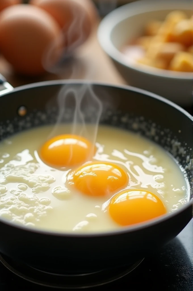 Add a mixture of an egg and milk in a pan with butter.realistic.
