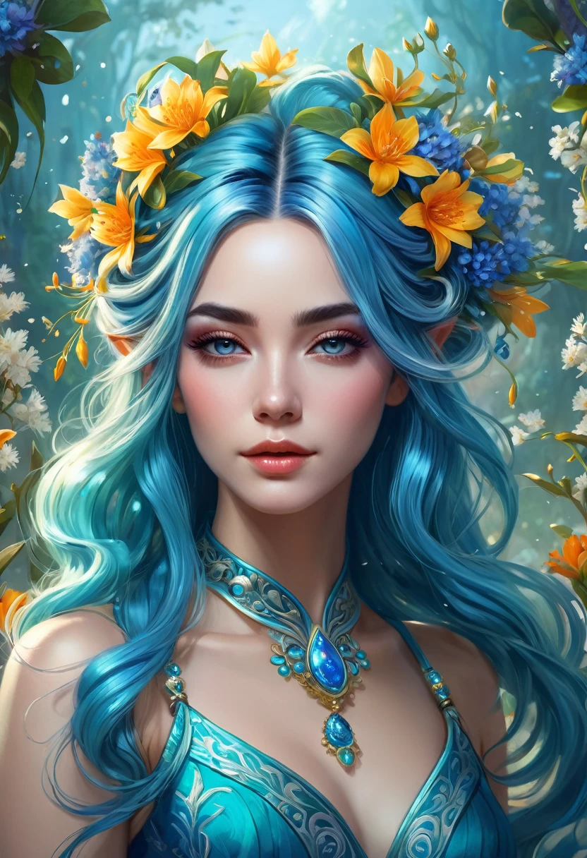 A picture of blue hair、Painting of a woman with flowers in her hair, goddess flor, 美丽的Fantasy Art Portrait, Fantasy style art, Fantasy Art Portrait, 8k high quality detailed artwork, Art Nouveau Hippie Realism, Beautiful digital art, goddess. Extremely high detail, Carol is behind the uhd, Beautiful Art UHD 4K, Fantasy Portrait Art, Beautiful digital illustrations