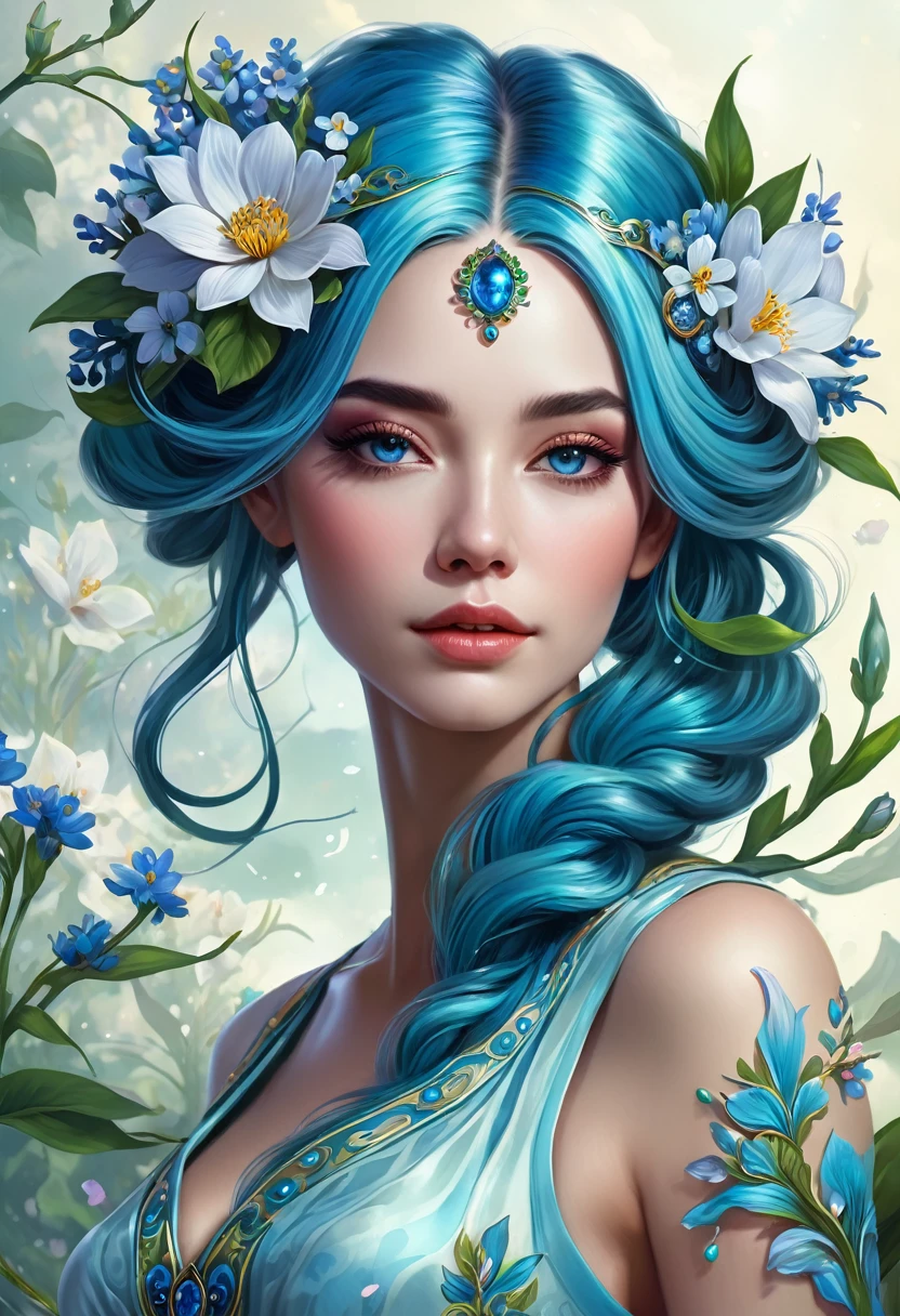 A picture of blue hair、Painting of a woman with flowers in her hair, goddess flor, 美丽的Fantasy Art Portrait, Fantasy style art, Fantasy Art Portrait, 8k high quality detailed artwork, Art Nouveau Hippie Realism, Beautiful digital art, goddess. Extremely high detail, Carol is behind the uhd, Beautiful Art UHD 4K, Fantasy Portrait Art, Beautiful digital illustrations