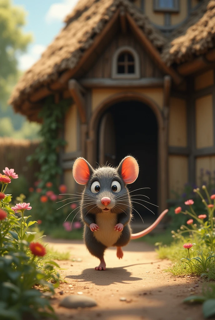 A rat running out of house, after getting scared, background is village like comfortable and vintage house
