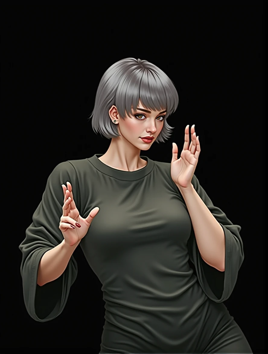 One girl with a perfect body, Very beautiful face and eyes, Short fine hair, Big Breasts,Exposing cleavage
