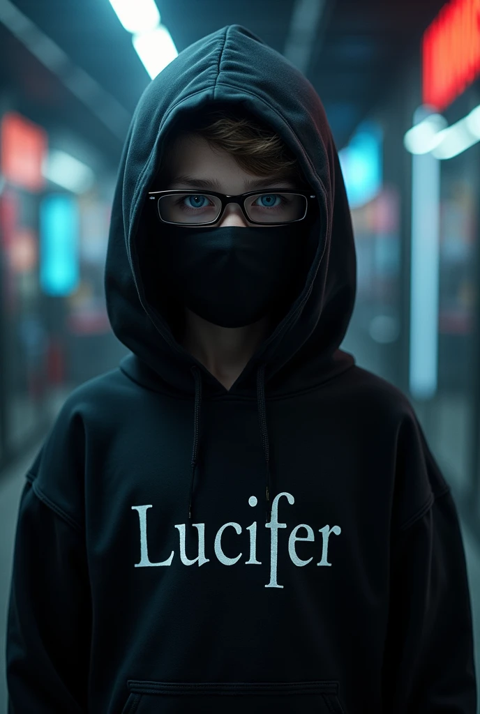 A boy in black hoodie with mask and spectales and written Lucifer with a gaming background