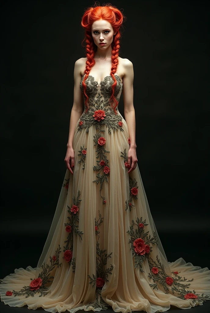Red-haired snake woman,with a pigtail hairstyle,and a wedding dress with flowers, beige with red black and green,black backdrop,fully body 