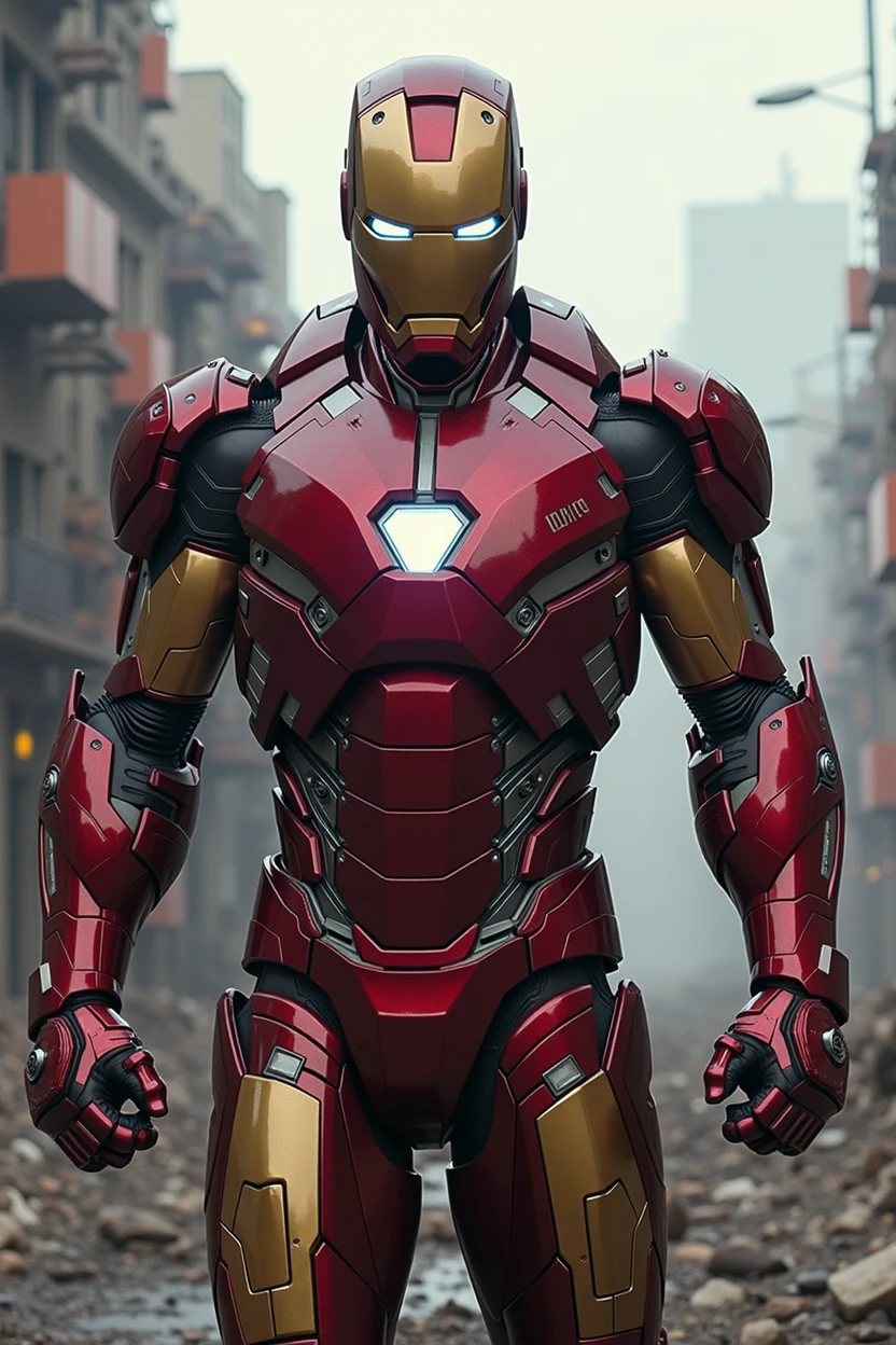The Hero Iron Man with his armor made of nanotechnology (It must be a more tech-looking armor., and less robust), he must be in a destroyed city