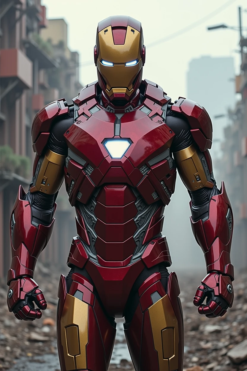 The Hero Iron Man with his armor made of nanotechnology (It must be a more tech-looking armor., and less robust), he must be in a destroyed city