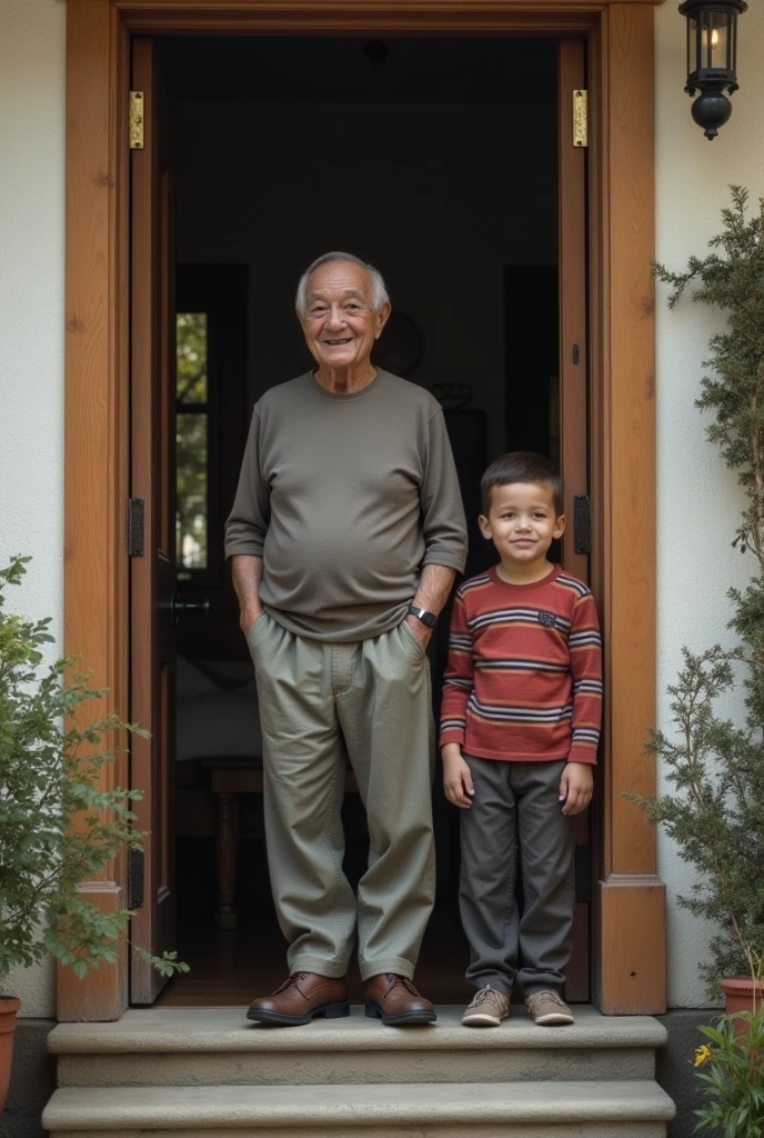 an old man standing in entrance of home with a young man