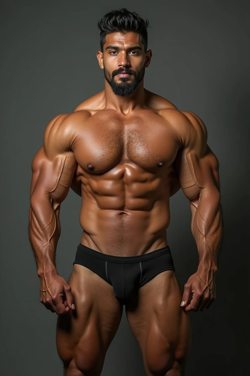 Naked Full body potrait of Indian Balinese muscle hunk good looking men physique bodybuilder that has massive muscle juicy volumetric pecs, circumference of 150 cm or more with big areola nipple perting. flexing his muscle, big shoulder and oversized arms and 27 inch biceps, rock hard abs, tanned light brown skin, smirk savage manly expression, moustache and beard face mafia looks, big muscle legs and big glutes muscle, (draw eye detail), (realistic), big bulging phallus in underwear. Veiny muscle