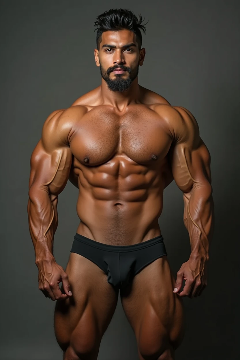 Naked Full body potrait of Indian Balinese muscle hunk good looking men physique bodybuilder that has massive muscle juicy volumetric pecs, circumference of 150 cm or more with big areola nipple perting. flexing his muscle, big shoulder and oversized arms and 27 inch biceps, rock hard abs, tanned light brown skin, smirk savage manly expression, moustache and beard face mafia looks, big muscle legs and big glutes muscle, (draw eye detail), (realistic), big bulging phallus in underwear. Veiny muscle