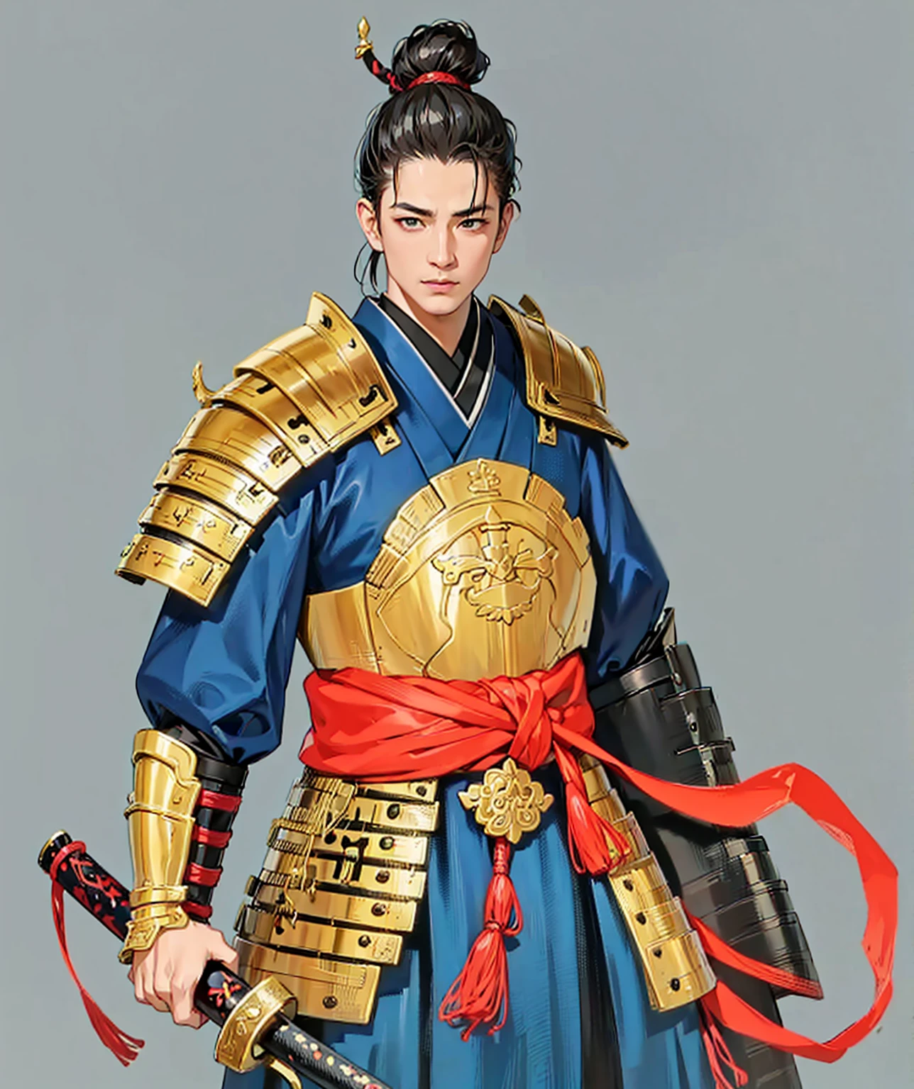 Need to create art for MMORPG, centered on a Japanese setting. digital painting, adult man, Samurai. Asian, armor самурая, золотая armor, japanese samurai clothing, gold, silk, anatomy, armor, Japan, 