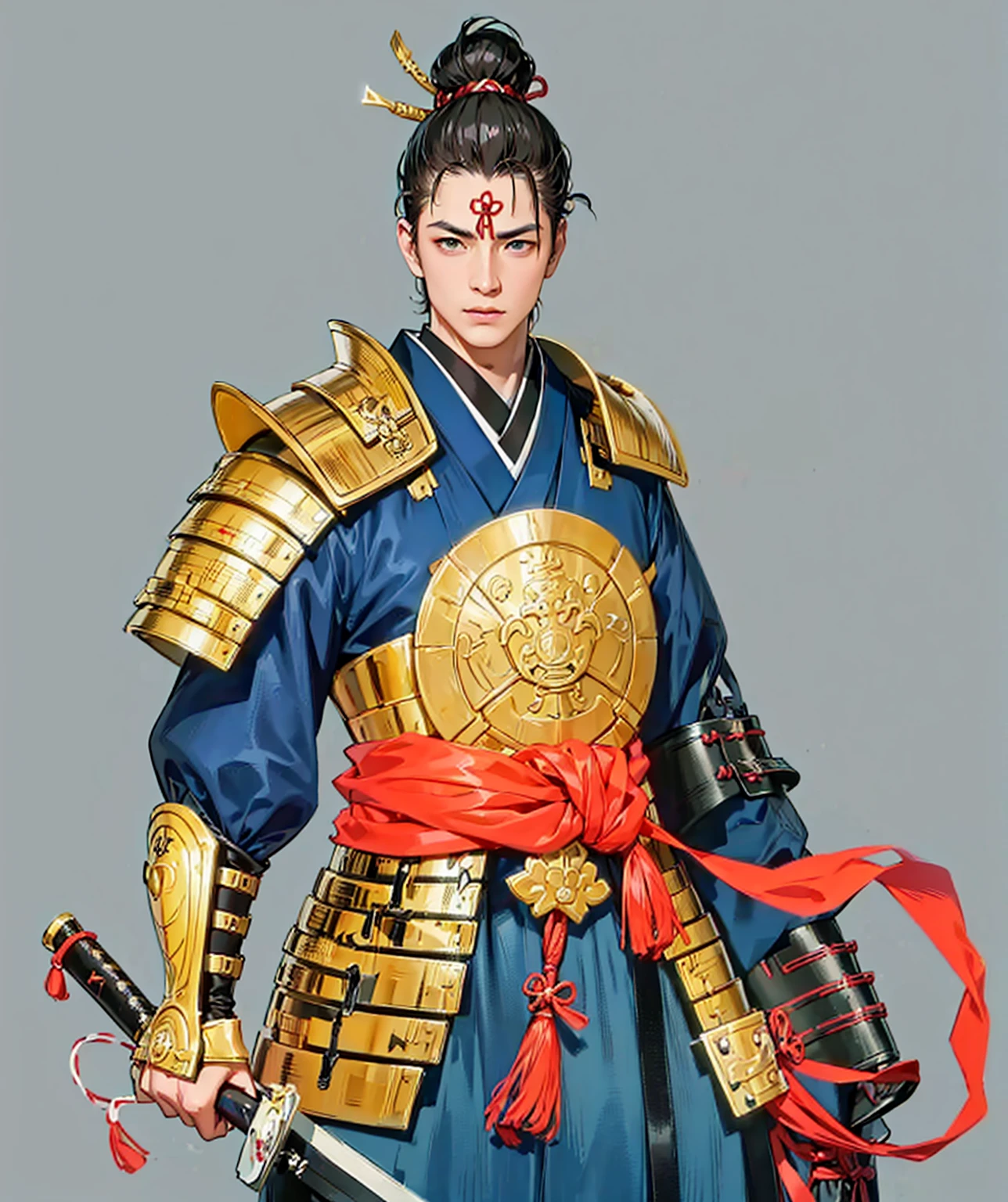 Need to create art for MMORPG, centered on a Japanese setting. digital painting, adult man, Samurai. Asian, armor самурая, золотая armor, japanese samurai clothing, gold, silk, anatomy, armor, Japan, 