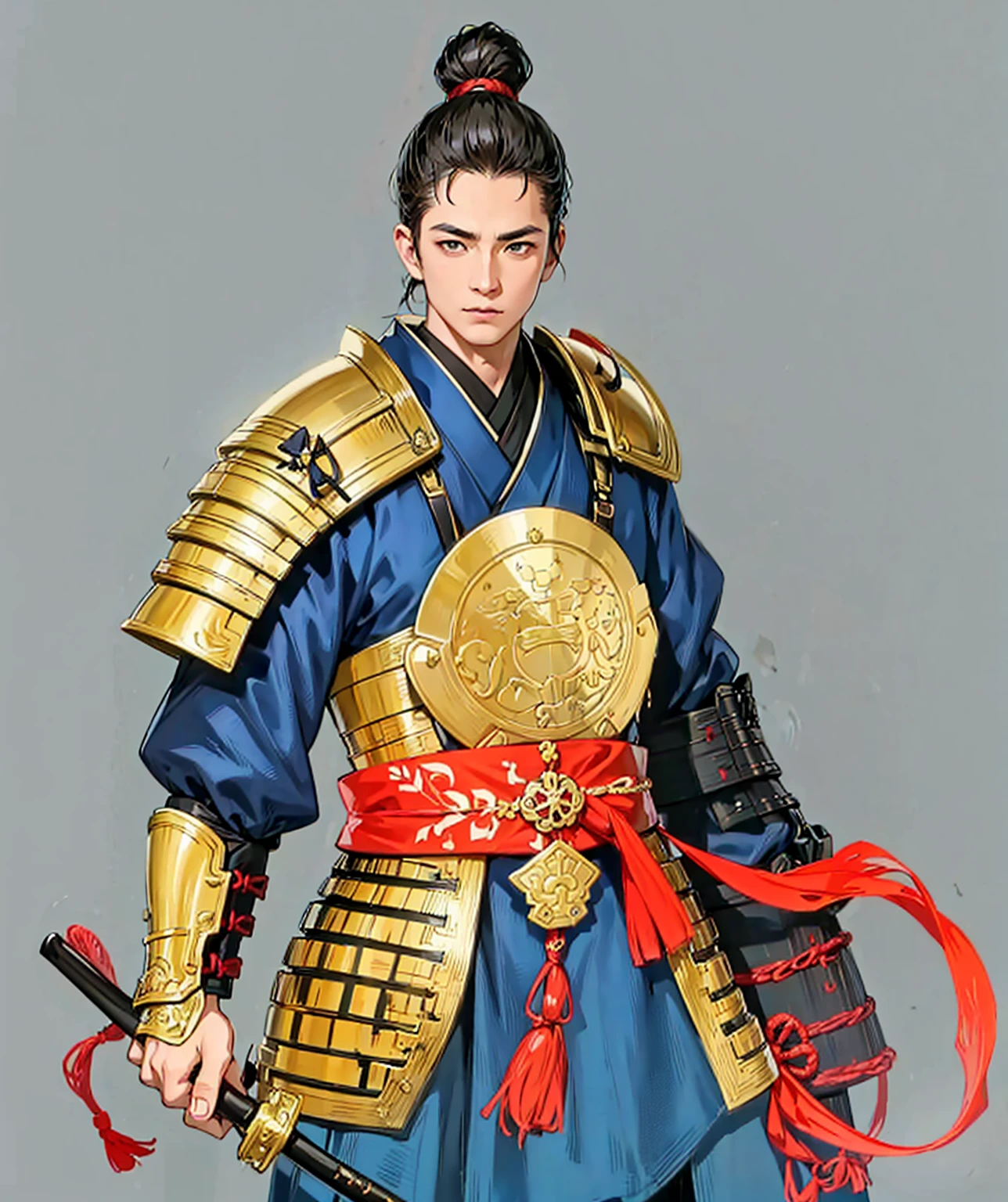 Need to create art for MMORPG, centered on a Japanese setting. digital painting, adult man, Samurai. Asian, armor самурая, золотая armor, japanese samurai clothing, gold, silk, anatomy, armor, Japan,
