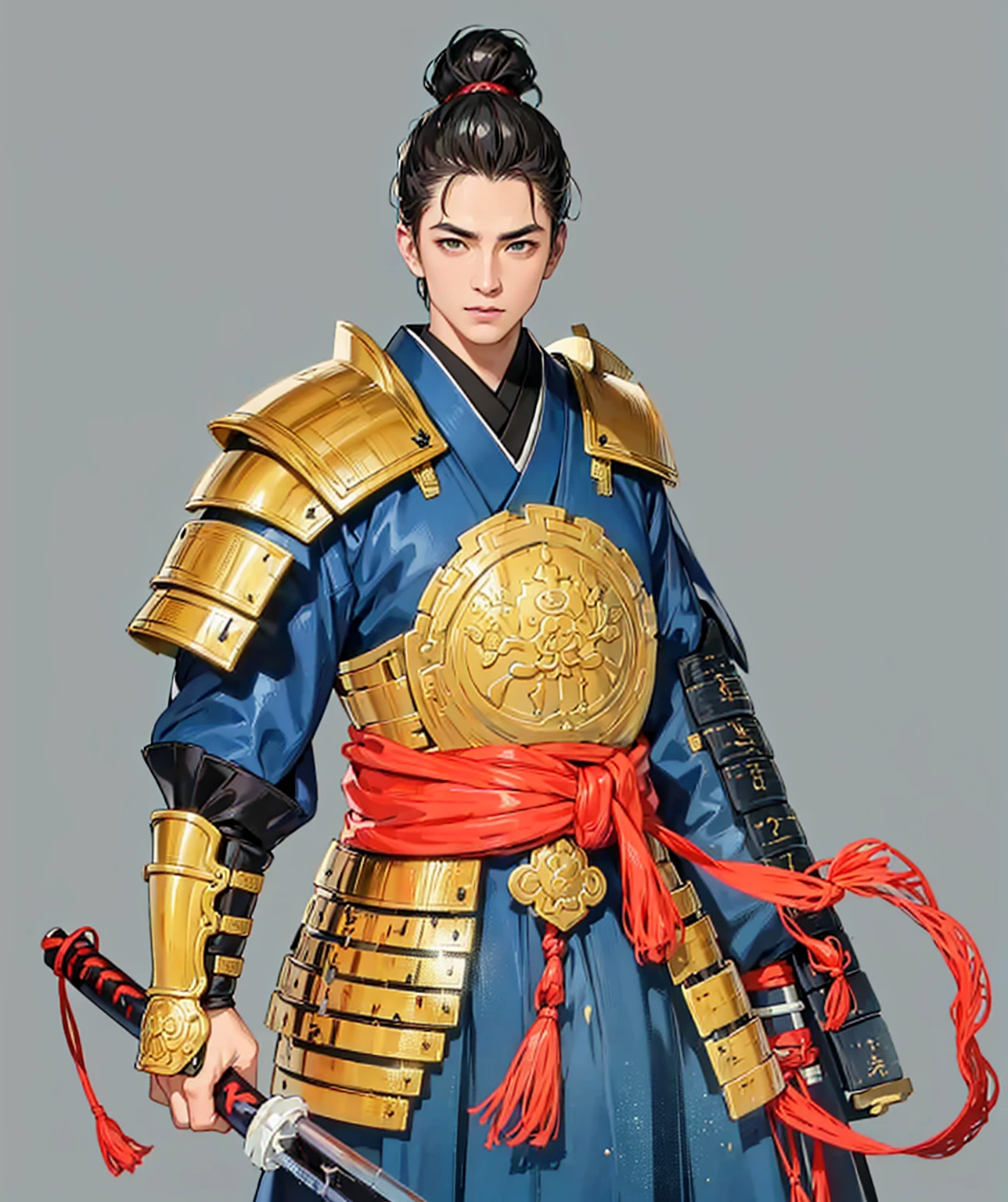 Need to create art for MMORPG, centered on a Japanese setting. digital painting, adult man, Samurai. Asian, armor самурая, золотая armor, japanese samurai clothing, gold, silk, anatomy, armor, Japan, 