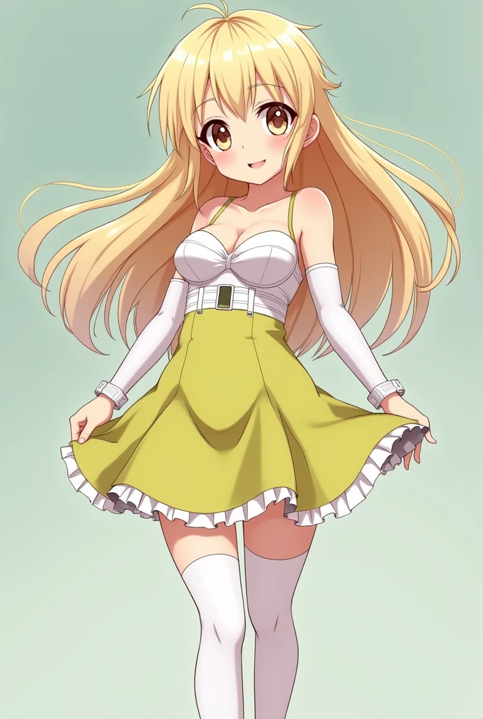 Young girl, teen girl +14, half-down hair, blonde hair, long low hair, anime eyes, fringe spiky, small breasts, bustiers, overskirt yellow green, full body, legwear white, no shirt, no error, no change, arm wear white, belt bra