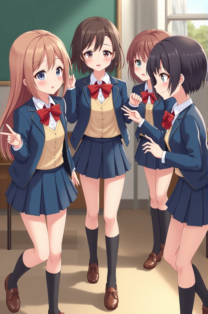 ((masterpiece, highest quality, High resolution, 超High resolution, Perfect Pixel, Depth of written boundary, 4K, RTTX 10.0, High resolution))), (Five adult women:1.3), Beautiful Anime Woman, Beautiful art style, Anime characters, ((Long Hair, bangs, Dark brown hair, Various hairstyles)), ((Beautiful eyelashes)), ((Detailed face, blush:1.2)), ((Smooth texture, Realistic texture, Anime CG Style)), Perfect body, Slender body, Exact finger count、Exact number of legs、Exact number of arms, (blush:1), (The five women are standing side by side, lifting their skirts to greet the crowd.:1.2), ((Fashionable white shirt, Sailor collar, mini skirt, Knee-high socks, loafers: 1.2)), (Lift up your skirt yourself:1.1), Realistic, (Slender body:1.1), highest quality, High resolution, Very detailed face, Perfect lighting, Extremely detailed CG, (Perfect hands, Perfect Anatomy), Embarrassed expression, (School classroom, Blackboard background:1.3), Morning sun-like lighting, whole body, ((Stylish and Sexy shiny satin panties, Stylish lace side-tie panties, White panties, Pink Panties, Light blue panties:1.2)), Angle from the front、(Beautiful and thin thighs:1.1),(((NSFW,Sex)))