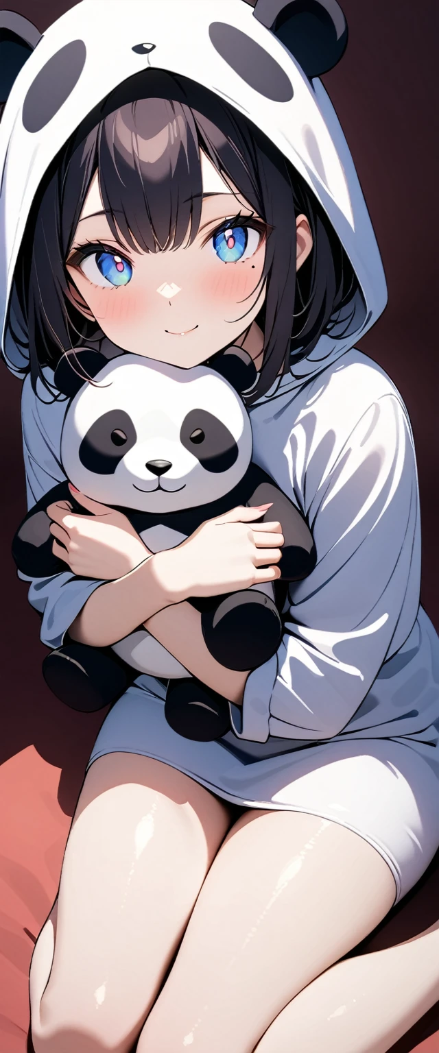 (Highest quality),(masterpiece), 8k,Very detailed, Detailed light, Best Shadow,Detailed reflective eyes, Very detailedな顔,Shiny Hair,(1 girl:1.2),woman,Gloss,Black Hair,smile,Beautiful fingers,Beautiful Hands,whole body,blue eyes,(Medium length hair:1.2),thin,Mole under the eye,Panda costume,(Panda Stuffed Animal:1.2),(大きいPanda Stuffed Animal:1.2),Hug a stuffed animal,