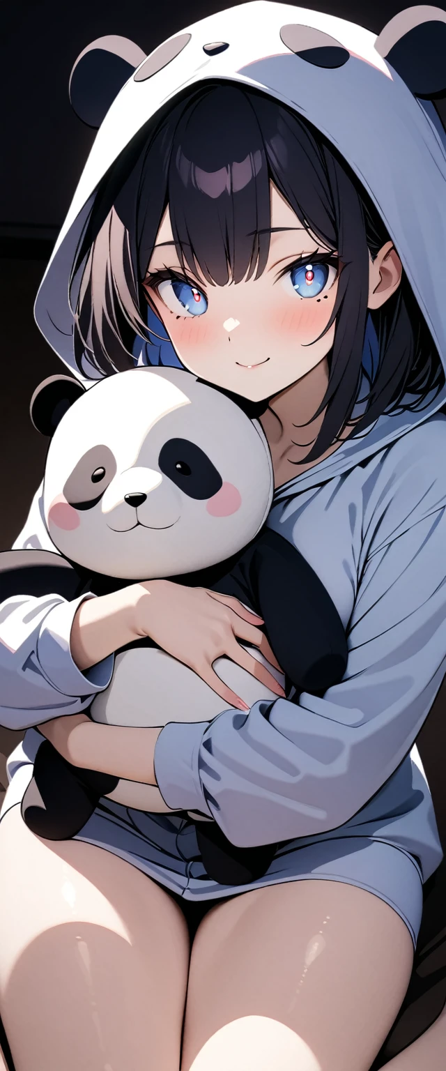 (Highest quality),(masterpiece), 8k,Very detailed, Detailed light, Best Shadow,Detailed reflective eyes, Very detailedな顔,Shiny Hair,(1 girl:1.2),woman,Gloss,Black Hair,smile,Beautiful fingers,Beautiful Hands,whole body,blue eyes,(Medium length hair:1.2),thin,Mole under the eye,Panda costume,(Panda Stuffed Animal:1.2),(大きいPanda Stuffed Animal:1.2),Hug a stuffed animal,