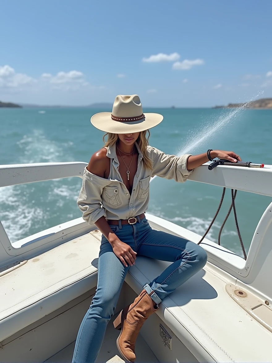 Cowgirl with soft dark skin and white shirt and cowgirl hat and blue jeans and brown boots hold a power wash gun . Make it logo
