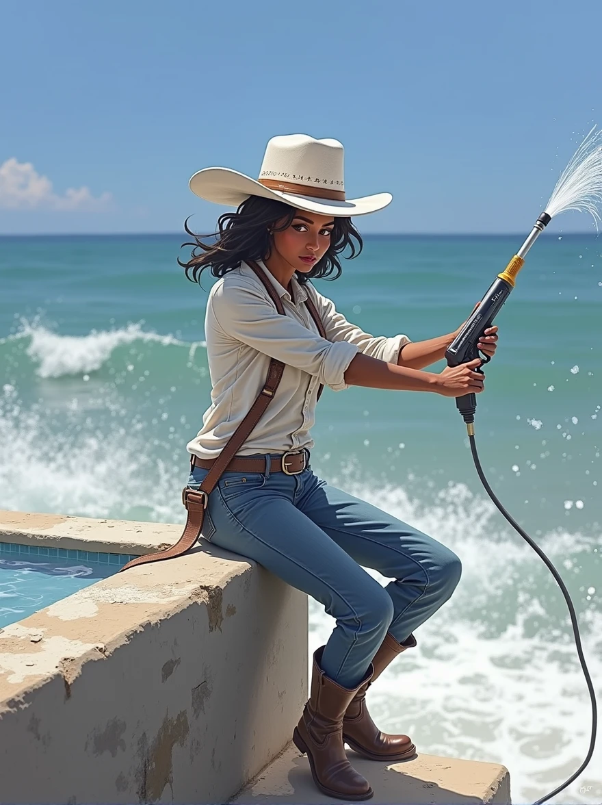 Cowgirl with soft dark skin and white shirt and cowgirl hat and blue jeans and brown boots hold a power wash gun . Make it logo