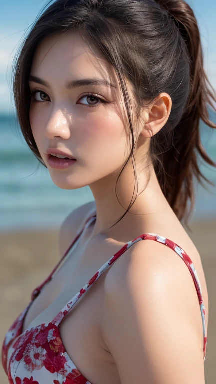 Tabletop, Highest quality, figure, Very detailed, In detail, High resolution, 8k wallpaper, Perfect dynamic composition, Beautiful attention to detail , Beach, Sexy Face,A face of ecstasy,The face at the peak of sexual arousal,Woman's face ,Beautiful feet,