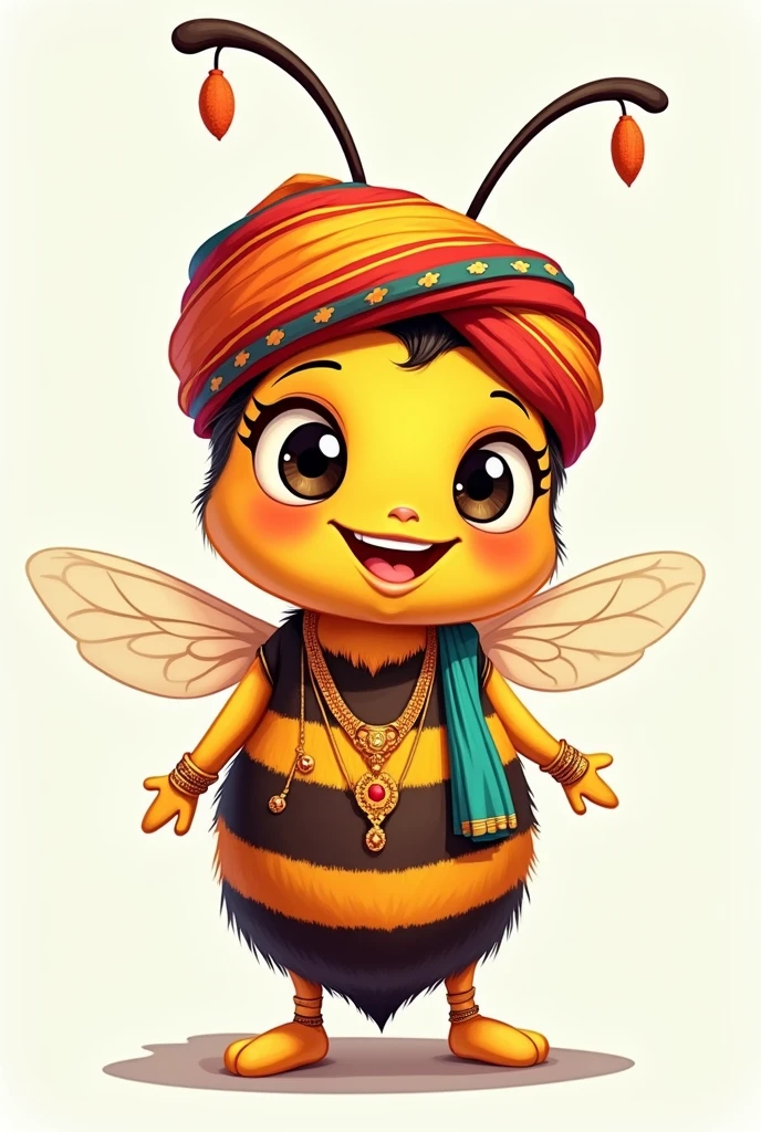 2D cartoon of a bee dressed as an Indian, not very realistic, maintain insect features, head on. With a big smile.