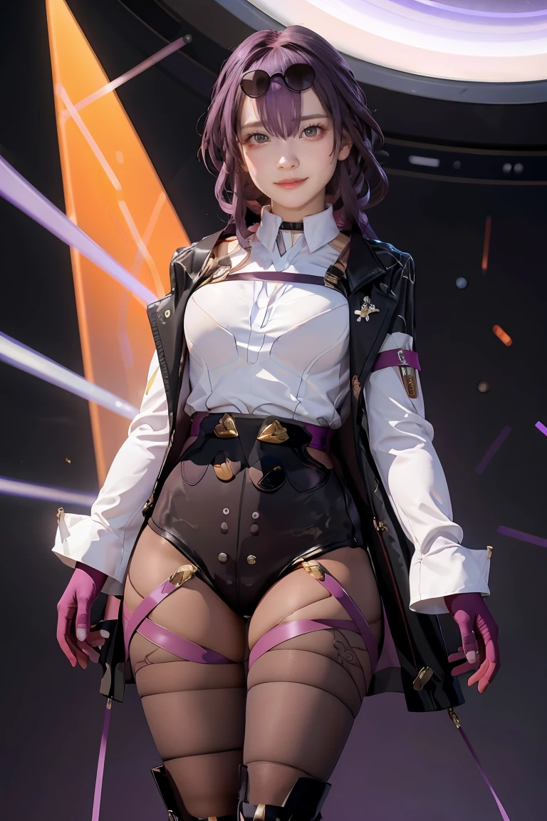 masterpiece, best quality, 1girl, KafkaV4, shirt, white shirt, jacket, purple hair, long sleeves, eyewear on head, sunglasses, boots, gloves, pantyhose, cowboy shot, standing, gradient background, spaceship, closed mouth, smile, looking at viewer,
