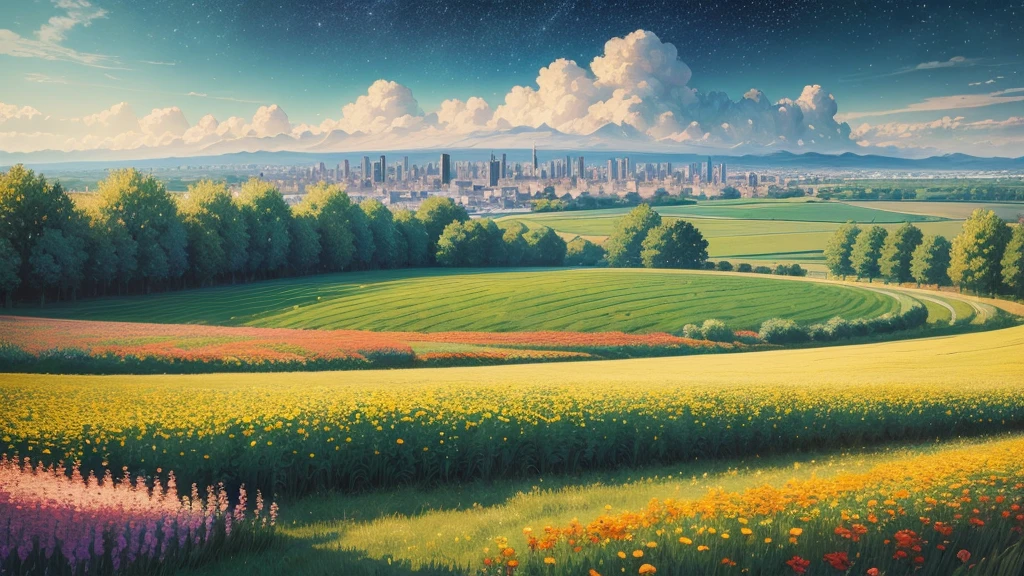 Field with flowers, with a city In the background, Starry Sky Van Gogh Beautiful Wallpaper Pictures Monet Drama Elegance