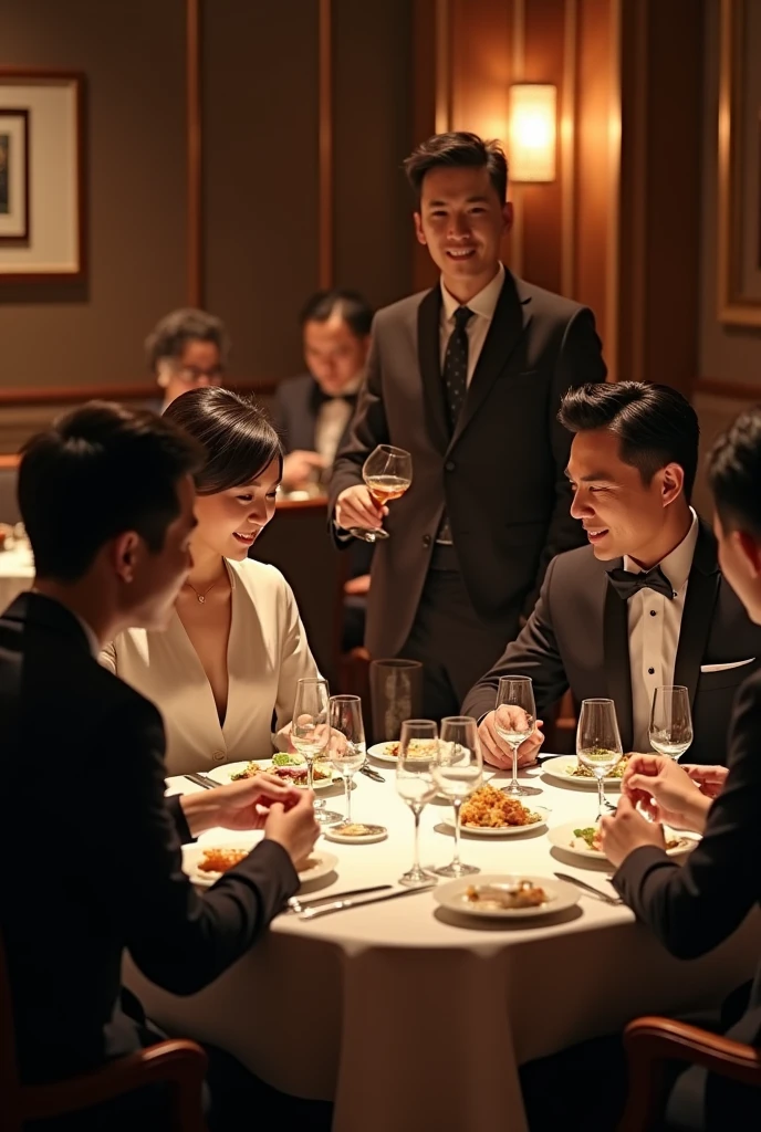 Wealthy Taiwanese people dining in a dimly lit but high-end restaurant