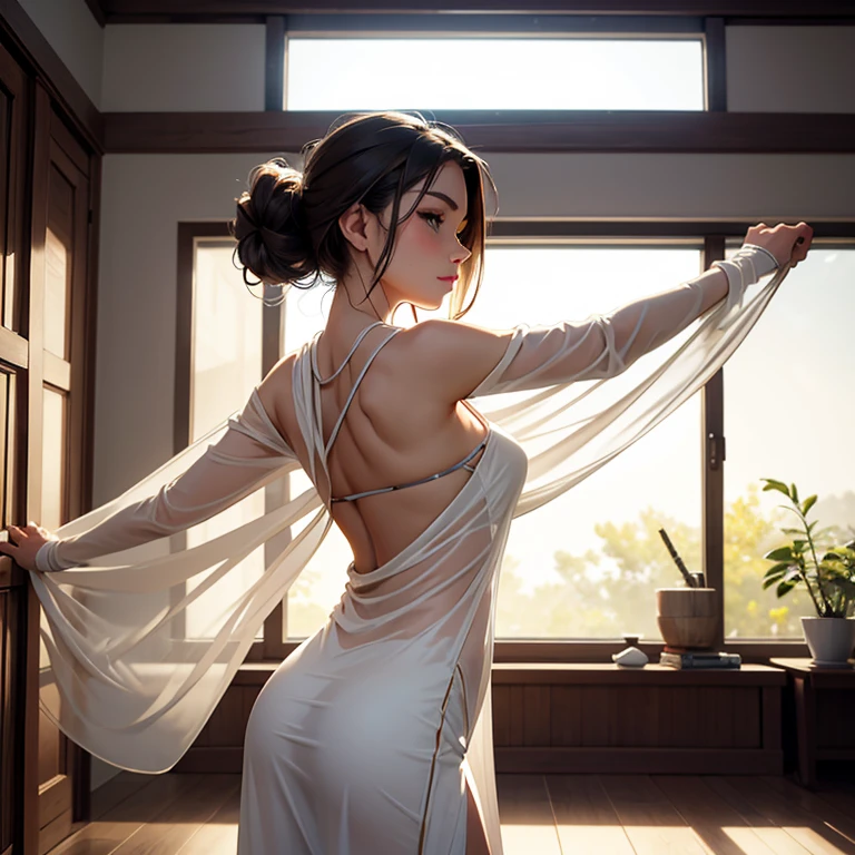 1_girl, solo, Pose: Woman standing with arms stretched above her head, elongating her entire body, with a graceful posture and slight arch in the back.Expression: Serene and content, with a soft, peaceful smile or a relaxed, closed-eye expression.Attire: Flowing, comfortable attire such as a light dress, yoga wear, or a chic, casual outfit that complements the stretch.Hair: Natural and loose, either flowing down her back or in a soft updo, allowing movement.Makeup: Natural and glowing, with soft tones that enhance her features without being overpowering.Background: An open, airy setting such as a beach, a field at sunrise, a peaceful park, or a minimalist indoor space with large windows.Lighting: Soft, natural light, preferably during golden hour, to create a warm glow and emphasize the stretch and movement.Accessories: Minimal or none, allowing the focus to remain on the pose and the sense of freedom it conveys.Props: Optional, such as a light fabric or shawl that flows with the stretch, adding movement to the image.Mood: Calm, free, and rejuvenated.