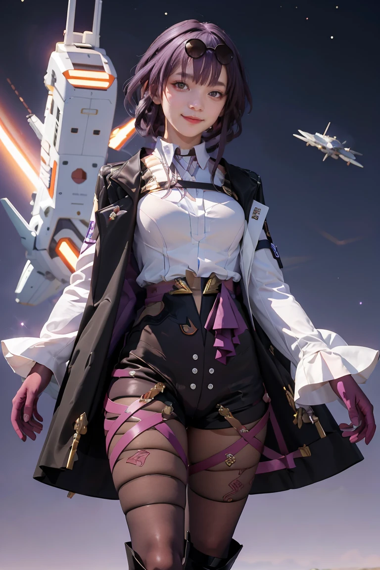 masterpiece, best quality, 1girl, KafkaV4, shirt, white shirt, jacket, purple hair, long sleeves, eyewear on head, sunglasses, boots, gloves, pantyhose, cowboy shot, standing, gradient background, spaceship, closed mouth, smile, looking at viewer, 