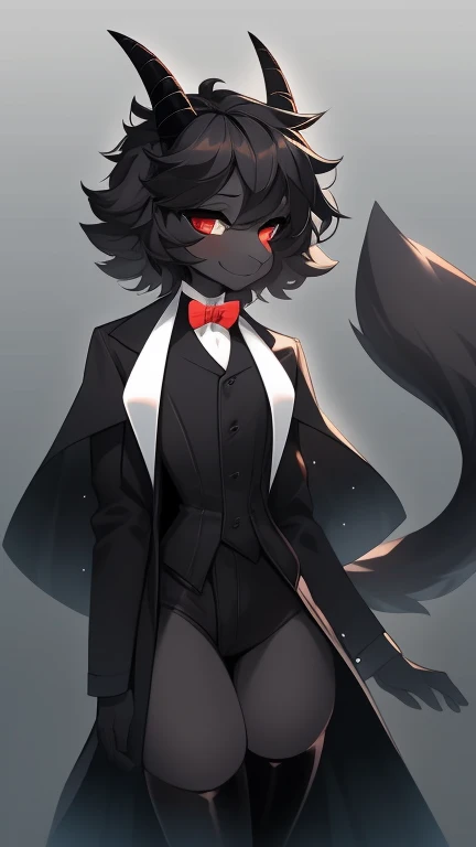 Best quality, Super detailed illustration, (fluffy goat boy:1.4), (matte black fur color:1.4), feminine face and body, disheveled thick hair, elegant outfit with bow tie, tailcoat, short shorts, Tight stockings, shy smile, Femboy, small waist, wide hips, Slim, Perfect body, long demon tail