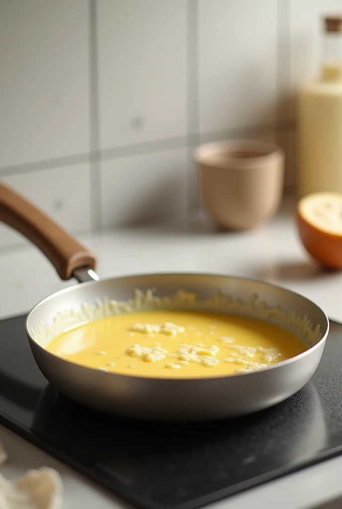 Add a mixture of an egg and milk in a pan with butter.realistic.
