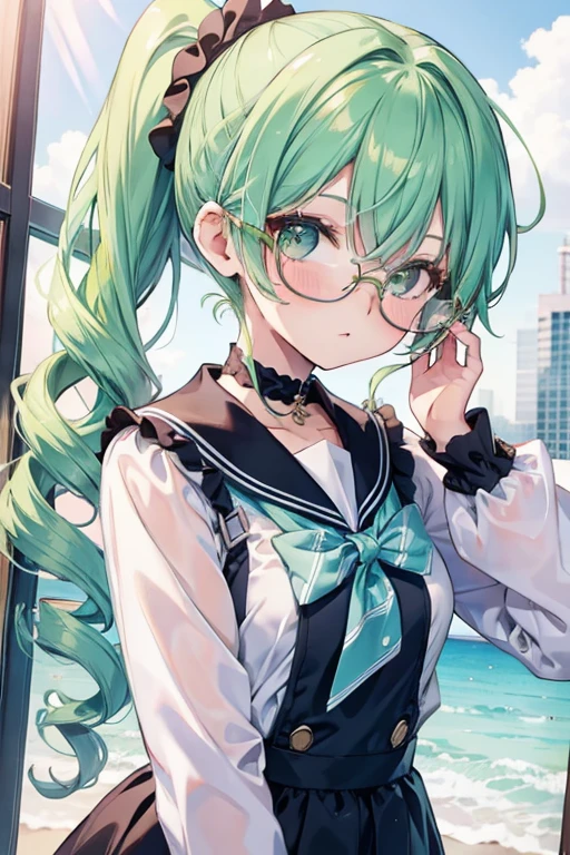 Cute Girls Gothic sailor suit Green Hair Drill Hair ponytail Scrunchie Glasses Angel's wing race Background white front Anime Style sd One person Tree Eyes