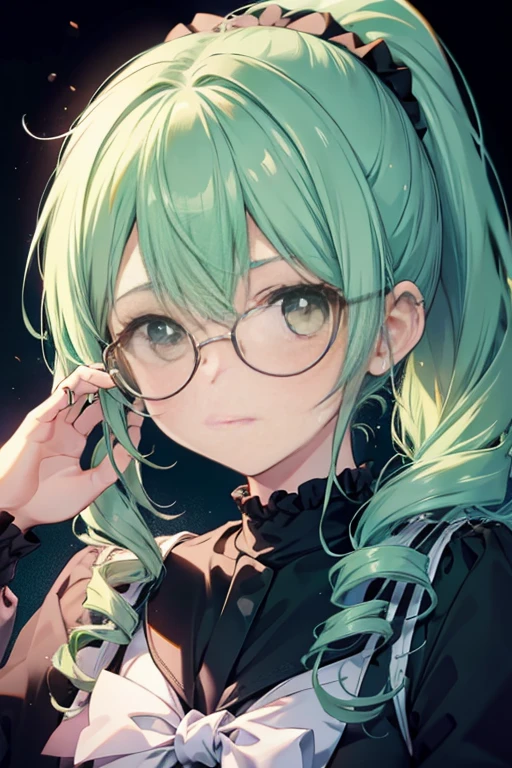 Cute Girls Gothic sailor suit Green Hair Drill Hair ponytail Scrunchie Glasses Angel's wing race Background white front Anime Style sd One person Tree Eyes