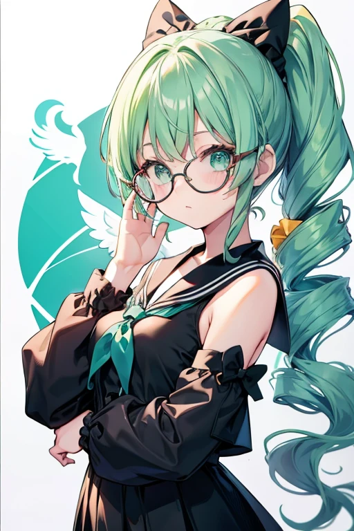 Cute Girls　Gothic sailor suit　Green Hair　Drill Hair　ponytail　Scrunchie　Glasses　　Angel&#39;s wing　race　Background white　front　Anime Style　sd　One person　Tree Eyes