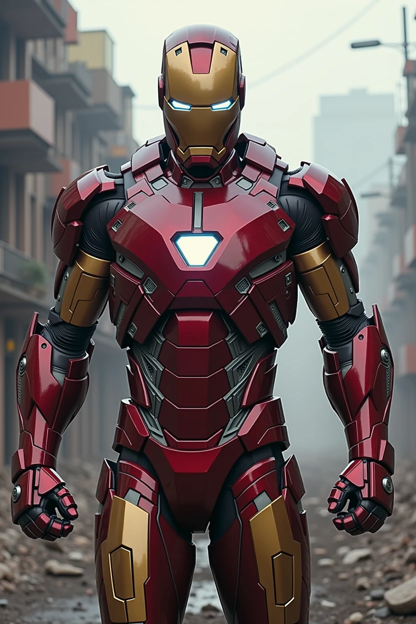 The Hero Iron Man with his armor made of nanotechnology (It must be a more tech-looking armor., and less robust), he must be in a destroyed city