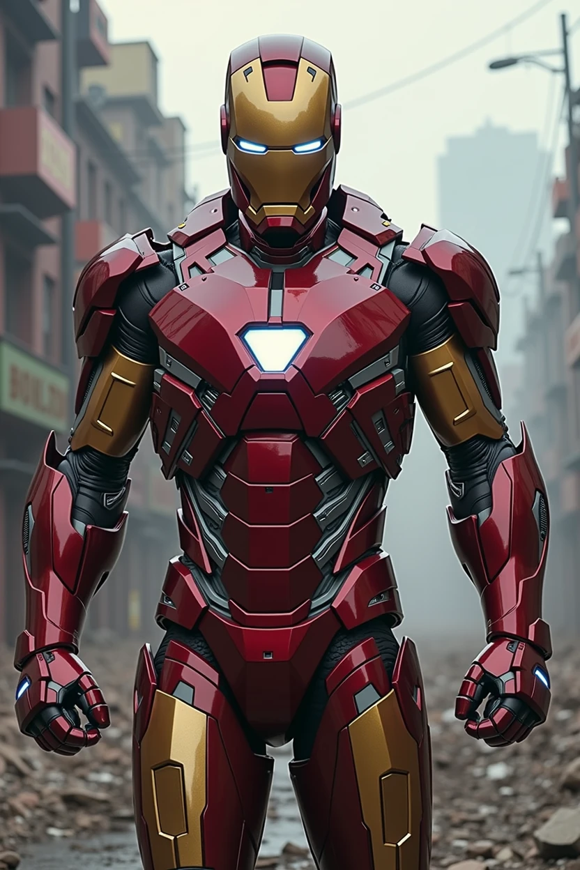 The Hero Iron Man with his armor made of nanotechnology (It must be a more tech-looking armor., and less robust), he must be in a destroyed city