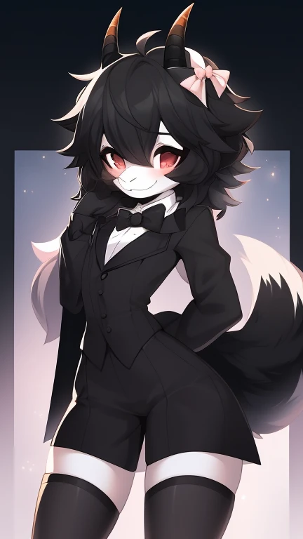 Best quality, Super detailed illustration, (fluffy goat boy:1.4), (matte black fur color:1.4), feminine face and body, disheveled thick hair, elegant outfit with bow tie, tailcoat, short shorts, Tight stockings, shy smile, Femboy, small waist, wide hips, Slim, Perfect body, long demon tail