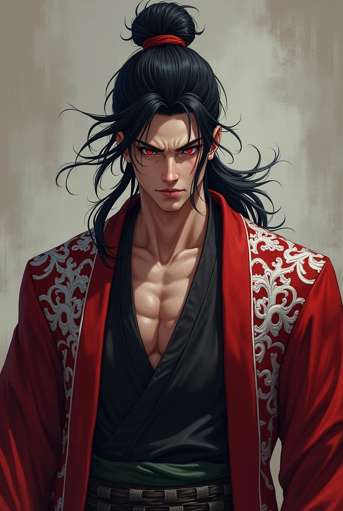 Create a This character is a dark, athletic man with a striking presence.. Her black hair is tied in a high bun, with loose strands falling softly around her face, accentuating his sharp features. Their eyes, penetrating and red in color, convey an intense and calculating look, implying that he is someone with great power and a strategic mind.He wears an elaborate kimono, adorned with intricate patterns in red, black andwhite, symbolizing a mix of Wano traditions and a dark twist that may hint at its Teach heritage