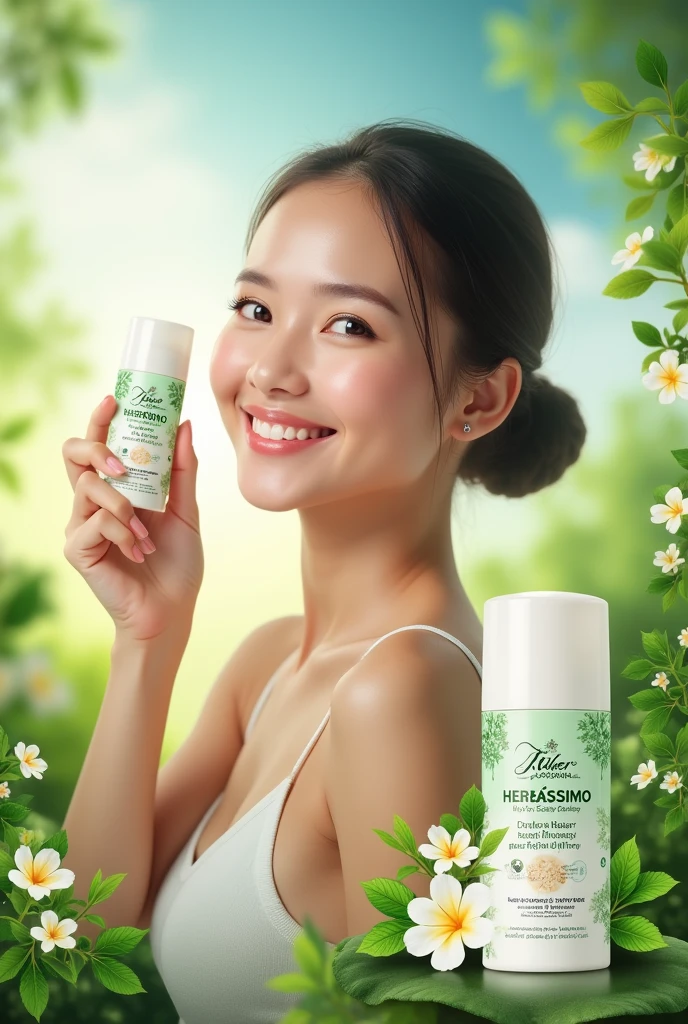 Create a poster for a product called herbíssimo, a deodorant with moisturizing and whitening properties.