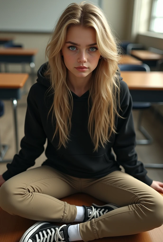 Realistic high school white girl, blonde hair, blue eyes, tight khaki pants, black high top converse shoes, black hoodie, white socks, sitting, spread legs, classroom background, full body. 