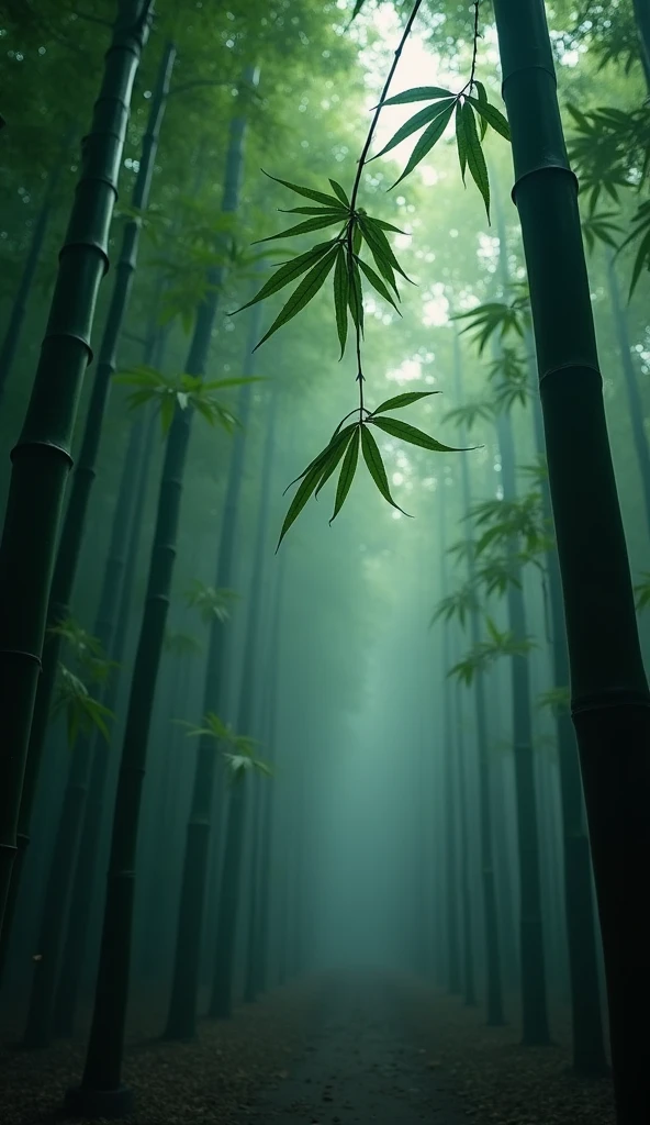 Create a cinematic scene of bamboo leaves falling in 8K resolution, ensuring masterpiece quality and a captivating, eerie atmosphere.
