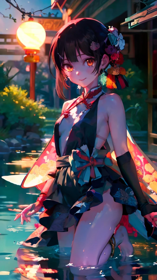 masterpiece,Best Quality,official art,Extremely detailed CG unity 8k wallpaper, (plano general),1 girl, (Miyu Edelfelt),change,black fur,Brown eyes,seductive smile,NSFW, barefoot, Transparent dress, mariposa, mariposa hair ornament, backless dress, chinese clothing,sleeveless, double bun,golden dragon print,pie barefoot,,elbow gloves,Bun, hair ornament,jewelry,earrings,beaded anklet,thin legs,nail polish, small breasts, Alone, toenail polish, toenails, toes, two tails,exterior,Chinese style architecture, Chinese style, lake, Old City, beautiful and meticulous water,The Red Lantern,Fireworks, sex