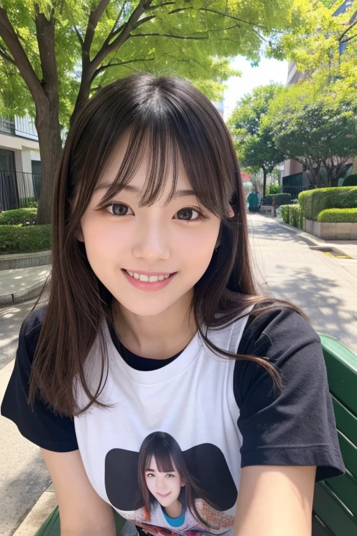 girl、Selfie、Similar to Ogura Yuko、T-Shirts、smile、A little bit of makeup、The focus is off、Park bench