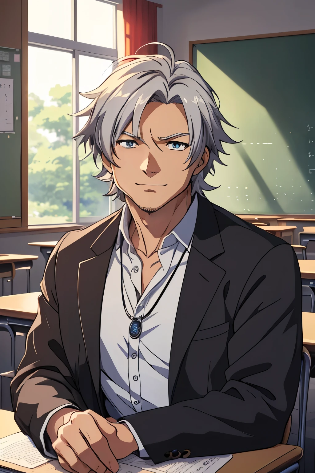 (((masterpiece、Anime Style、high resolution、high quality、Delicate、Ultra-high resolution、８ｋ)))Japanese men、６５age、Gray Hair、elder、Wrinkles、Black suit、WhiteＹshirt、accessories、necklace、classroom