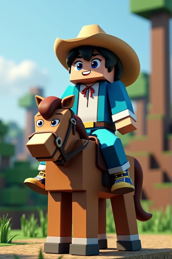 minecraft character, with a shark costume, with chocolate skin, with blue pants, with blue and yellow shoes, Posing for a photo, with a happy face, doing a cowboy pose, on top of a horse, with Minecraft background, with the realistic image