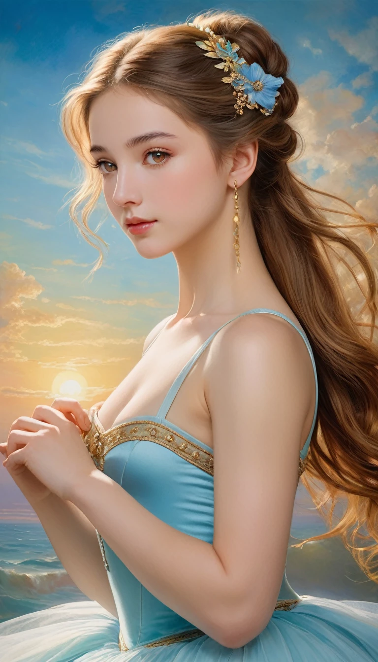 (High resolution,masterpiece:1.2),(Realistic:1.37)"(Highest quality, High resolution, Very detailed, Realistic),Beautiful portrait of a 16-year-old French ballet dancer from the 19th century, (She is half Scottish and half Japanese., She is a beautiful woman with golden eyes and a long nose.:1.1), Exquisite ballet costumes, Detailed facial features, Long and graceful neck, Aquamarine Necklace, Flowing locks of hair, Calm and elegant posture, Soft and delicate lighting, Classical Oil Painting Medium, Vibrant colors, A delicate background with a sun motif", Dreamy atmosphere, Surrealism,Mysterious Aura